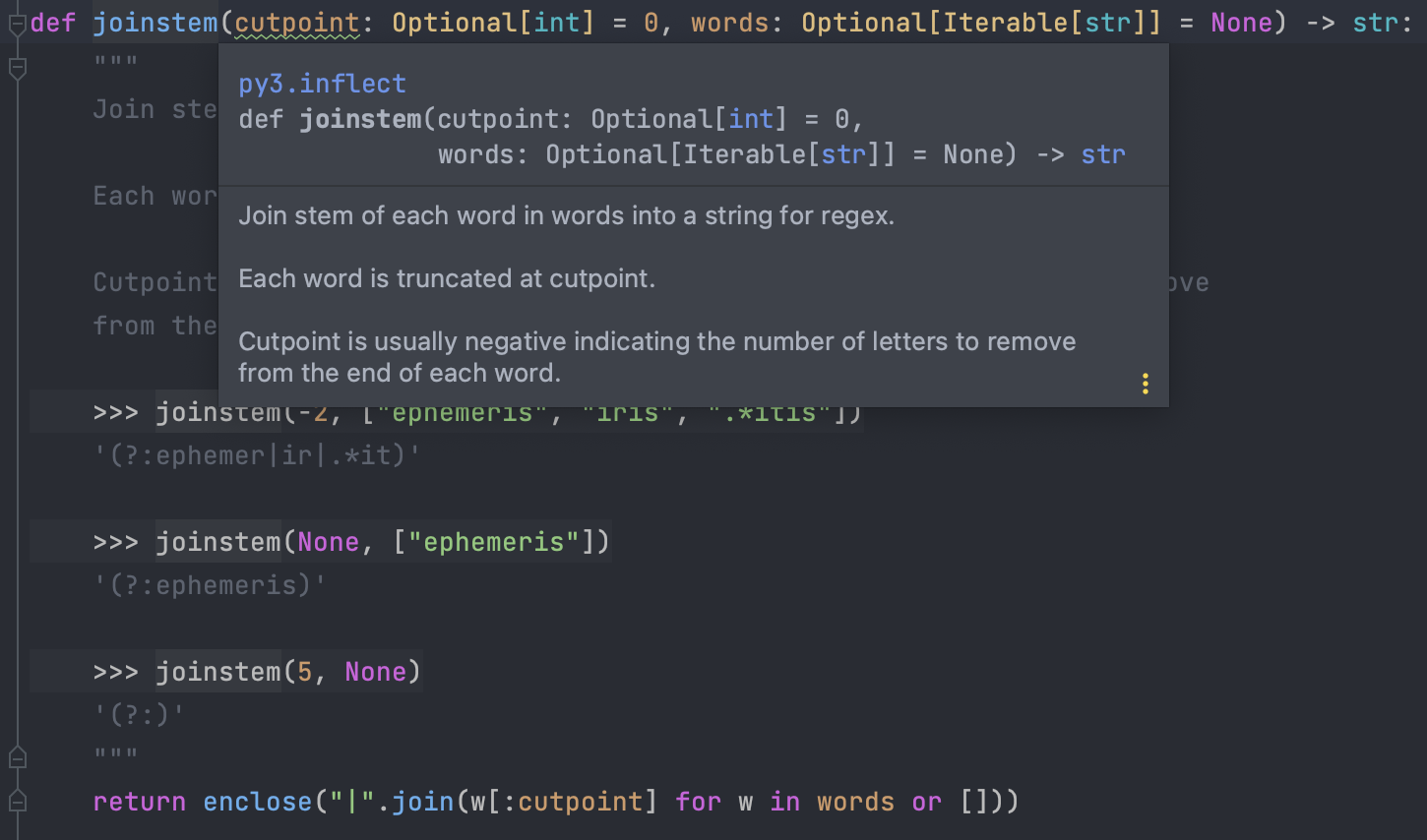 Образец подсказки с типизацией в PyCharm